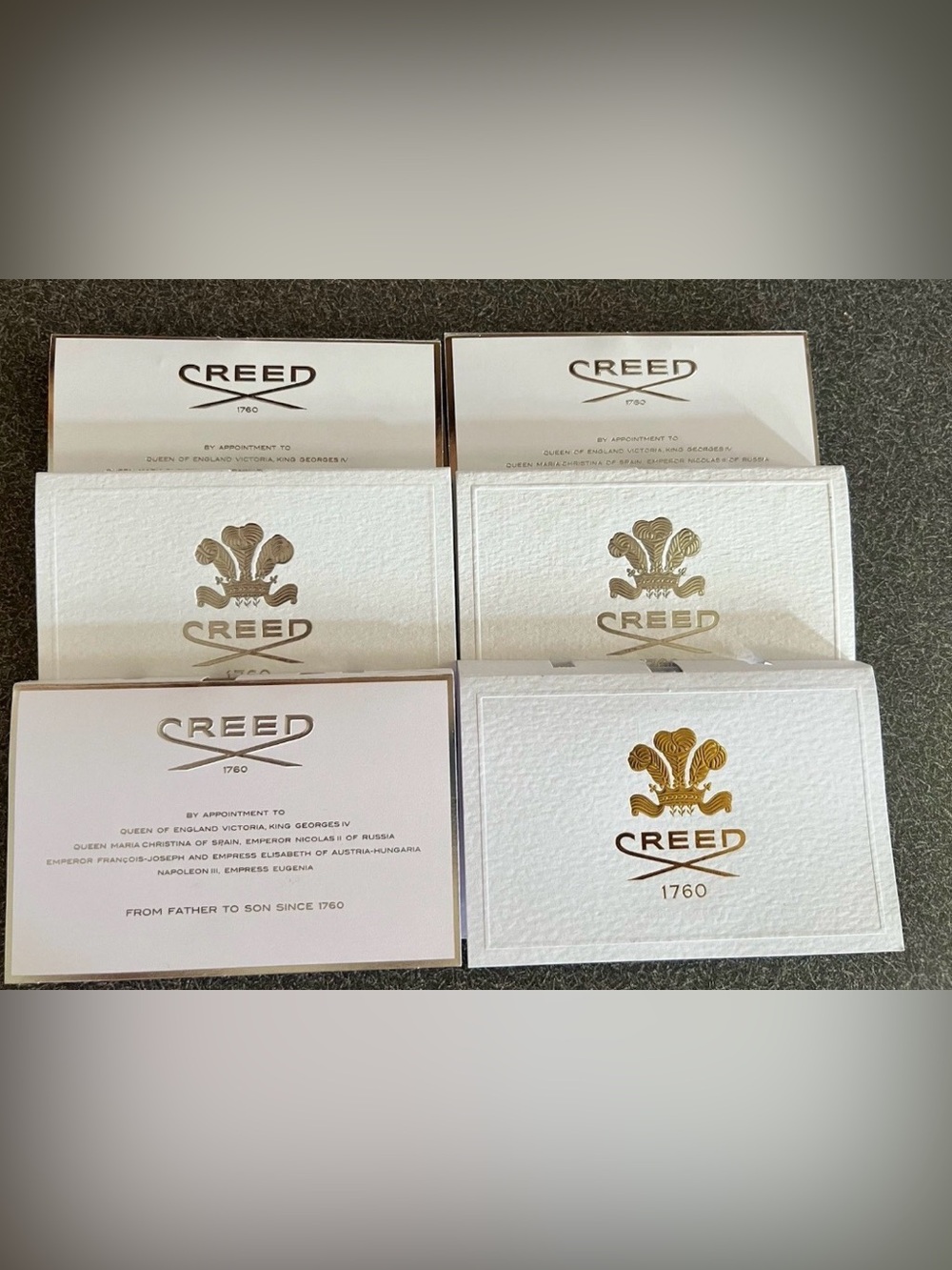 6 Creed Samples = 2 Vitiver , 2 Millesime Imp, 1 White Flower, 1 Jardin D’amalf
